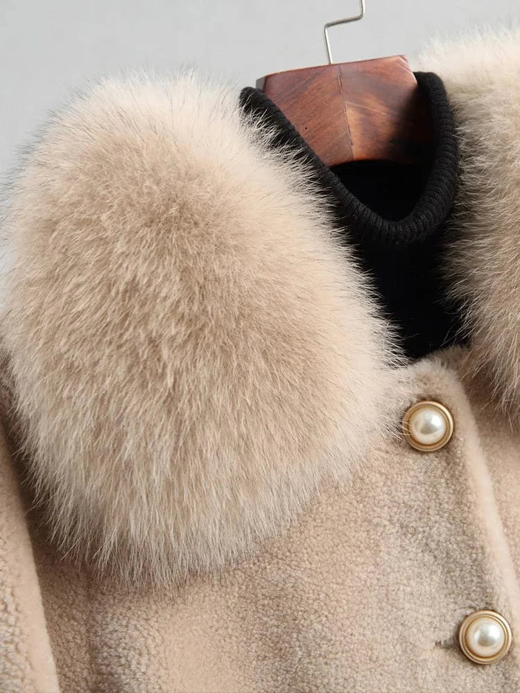 Women Real wool sheep shearling fur coat women fox collar winter warm genuine fur coat winter warm coat A19003