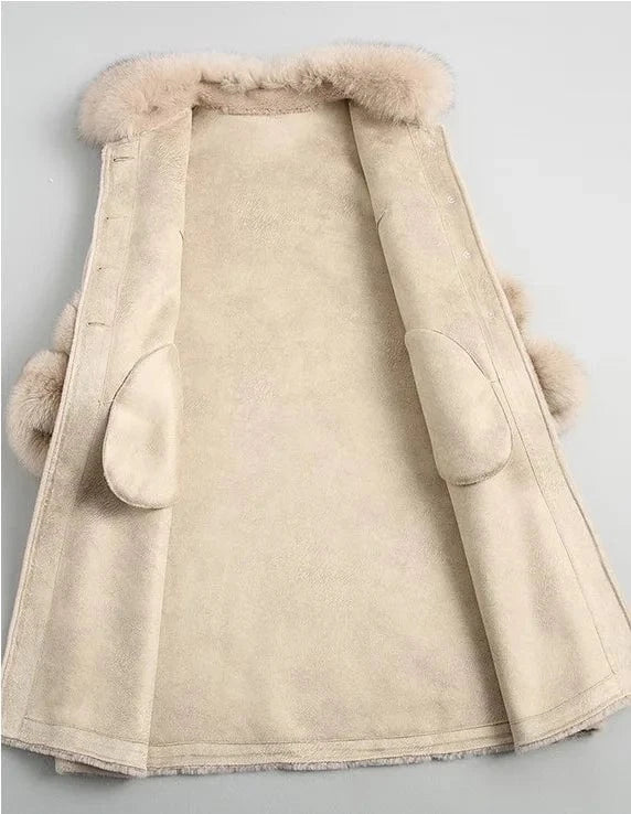 Women Real wool sheep shearling fur coat women fox collar winter warm genuine fur coat winter warm coat A19003