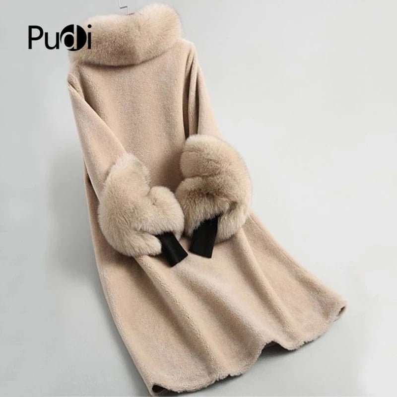 Women Real wool sheep shearling fur coat women fox collar winter warm genuine fur coat winter warm coat A19003