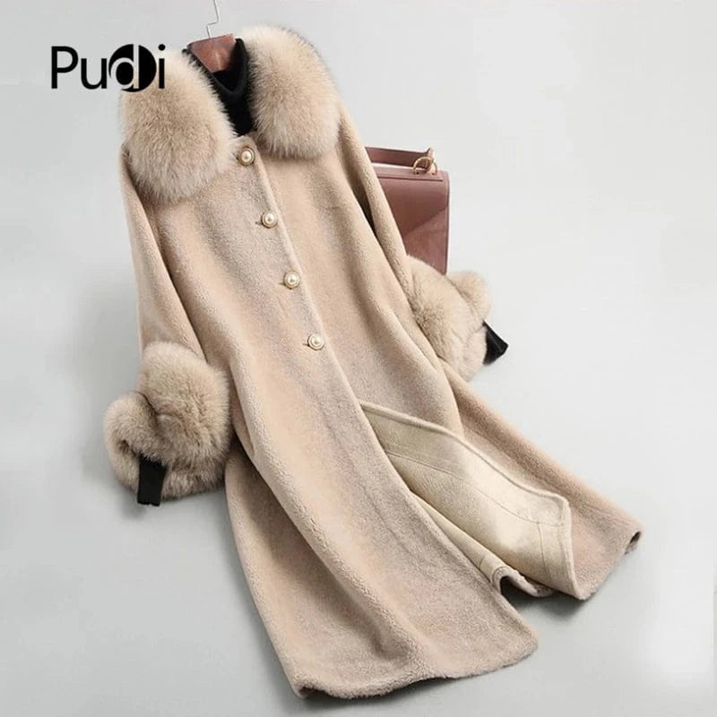 Women Real wool sheep shearling fur coat women fox collar winter warm genuine fur coat winter warm coat A19003