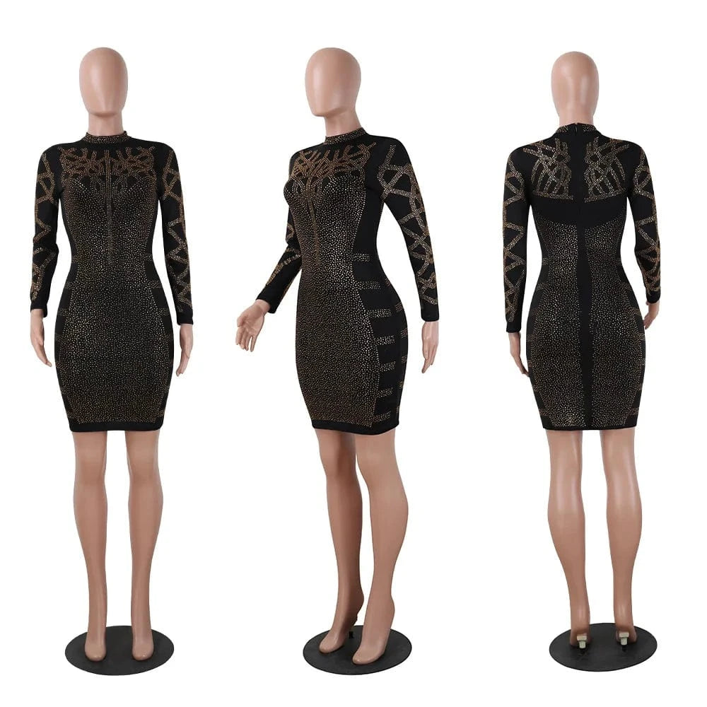 Women Rhinestone Diamond Slim Party Dress Turtleneck Long Sleeve Sexy Mini Dress