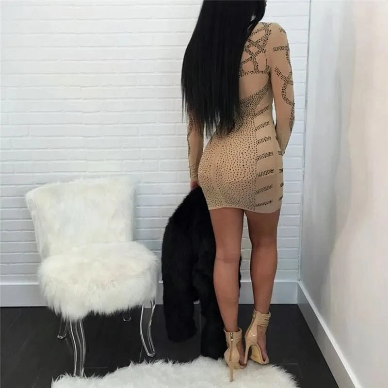 Women Rhinestone Diamond Slim Party Dress Turtleneck Long Sleeve Sexy Mini Dress