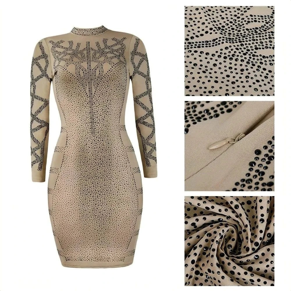 Women Rhinestone Diamond Slim Party Dress Turtleneck Long Sleeve Sexy Mini Dress