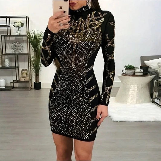 Women Rhinestone Diamond Slim Party Dress Turtleneck Long Sleeve Sexy Mini Dress