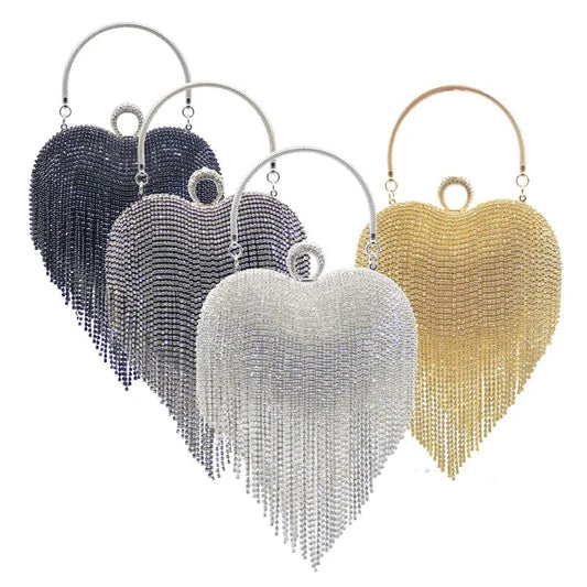 Women Rhinestones Purse Wedding Party Bling Purse Ladies Luxury Heart Shape Diamond Tassel Evening Clutch Fashion Bag