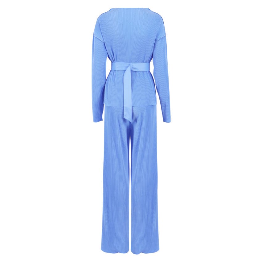 Women's 2 Piece Casual Outfits Long Sleeve Top Pleated High Waist Long Pants Loungewear Streetwear Suits