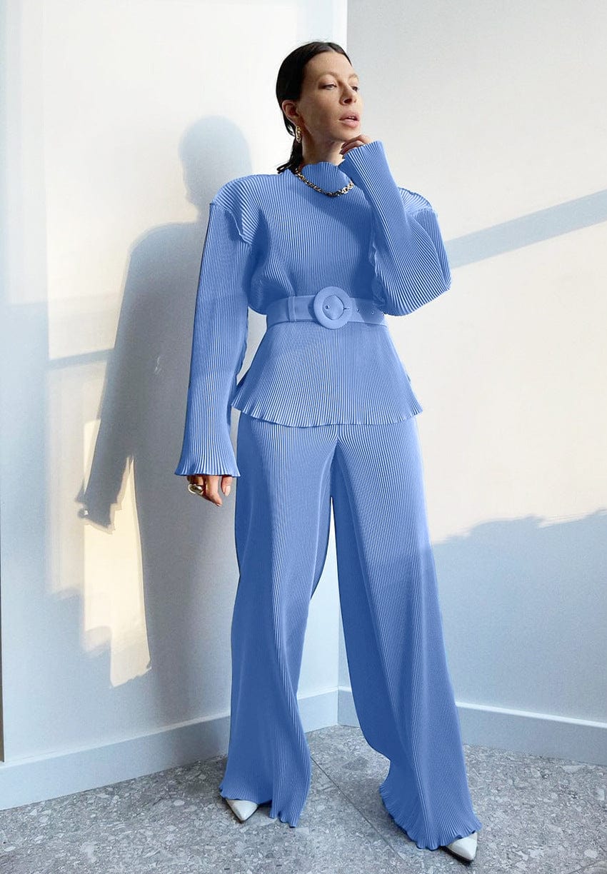 Women's 2 Piece Casual Outfits Long Sleeve Top Pleated High Waist Long Pants Loungewear Streetwear Suits