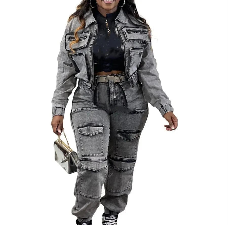Women's 2-Piece Denim Cargo Jacket & Jogger Set