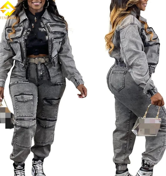 Women's 2-Piece Denim Cargo Jacket & Jogger Set