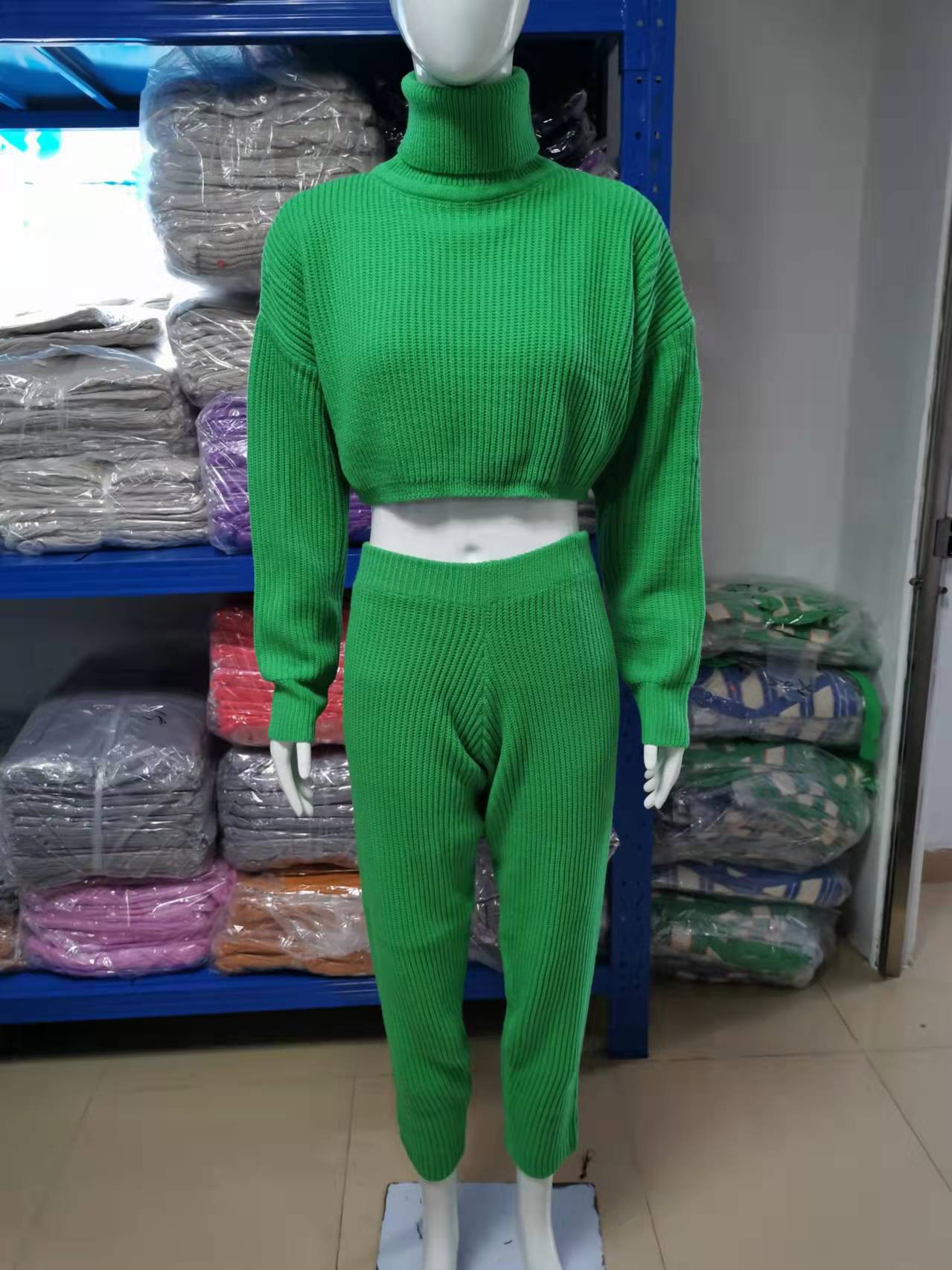 Women's 2 Piece Outfit Casual Turtleneck Long Sleeve Knit Pullover Sweater Top and High Waist Pant Jumpsuits