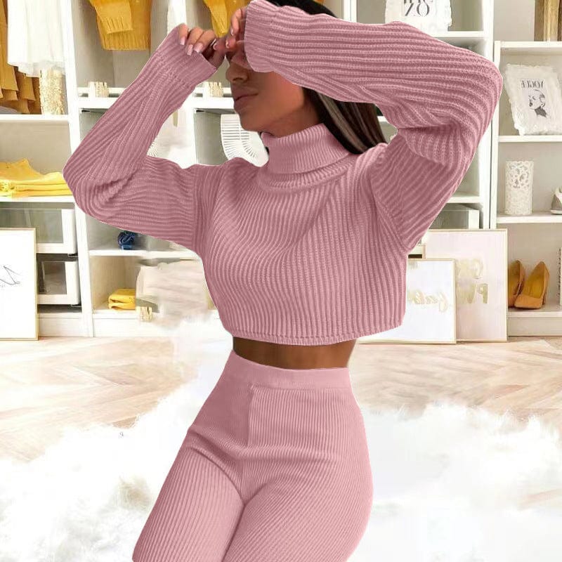 Women's 2 Piece Outfit Casual Turtleneck Long Sleeve Knit Pullover Sweater Top and High Waist Pant Jumpsuits