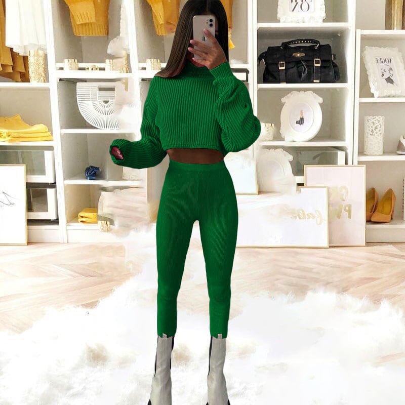 Women's 2 Piece Outfit Casual Turtleneck Long Sleeve Knit Pullover Sweater Top and High Waist Pant Jumpsuits