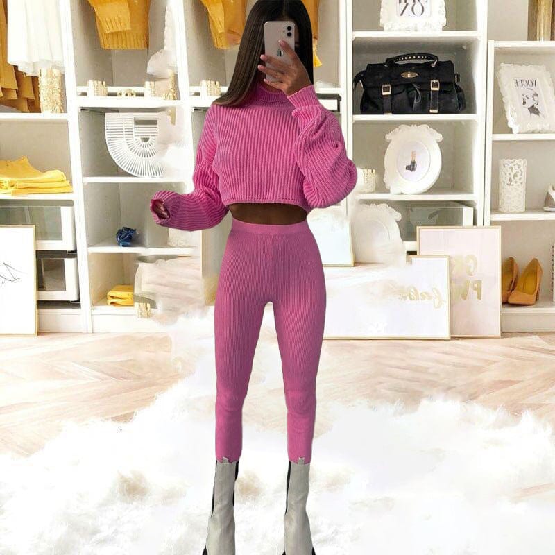 Women's 2 Piece Outfit Casual Turtleneck Long Sleeve Knit Pullover Sweater Top and High Waist Pant Jumpsuits