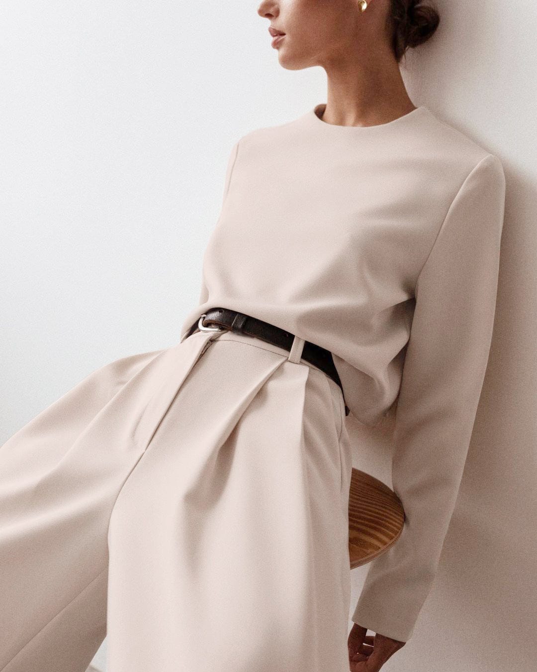 Women's 2 Piece Outfits Long Sleeve Round Neck Crop Basic Top Cropped Wide Leg Pants Set Jumpsuits Formal