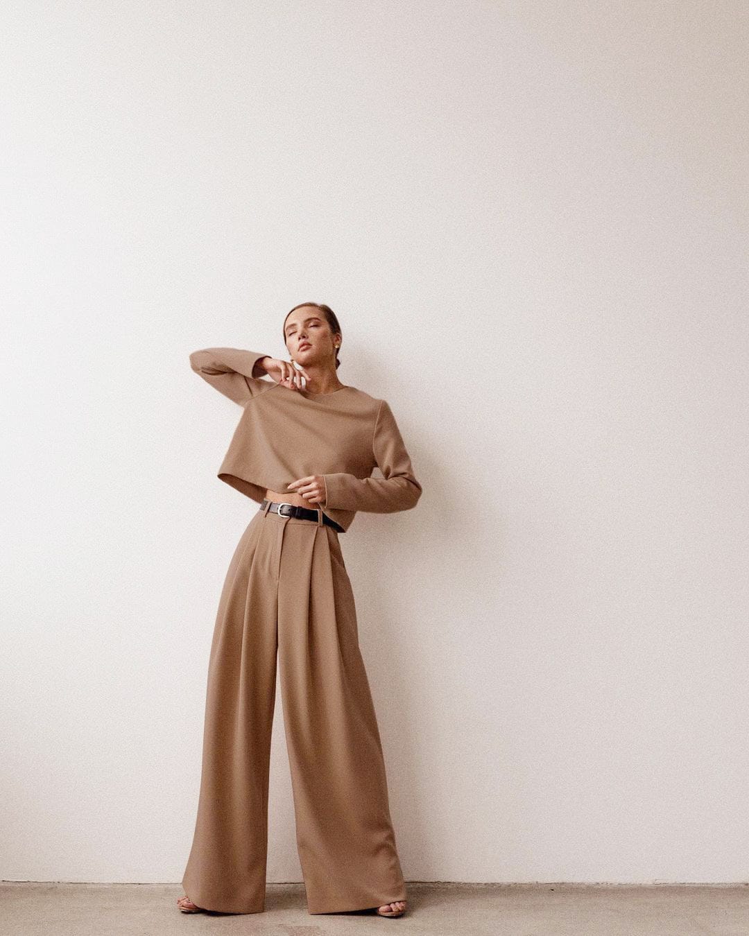 Women's 2 Piece Outfits Long Sleeve Round Neck Crop Basic Top Cropped Wide Leg Pants Set Jumpsuits Formal