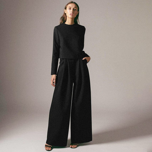 Women's 2 Piece Outfits Long Sleeve Round Neck Crop Basic Top Cropped Wide Leg Pants Set Jumpsuits Formal