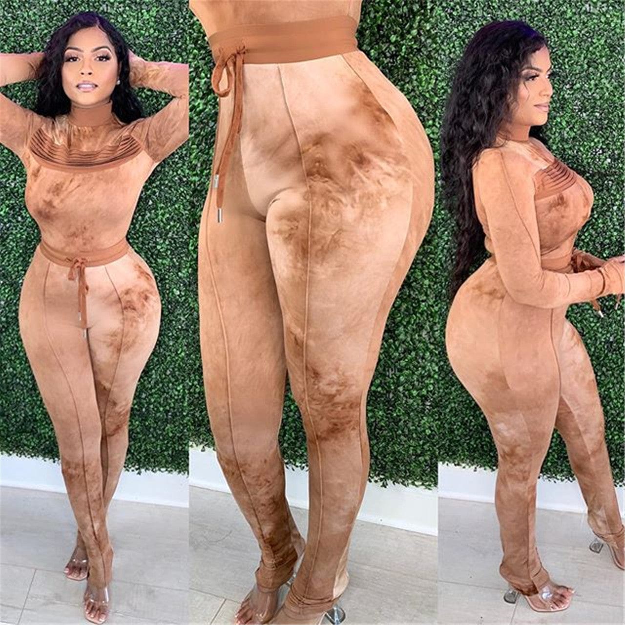 Women's 2 Piece Outfits Summer Casual Print Long Sleeve Crop Top Bodycon Tight Pant Set Tracksuit Jogger