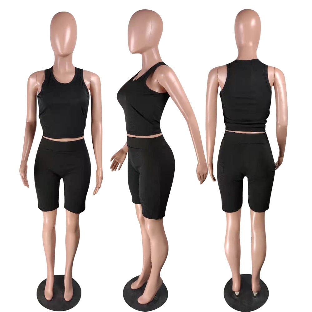 women's 2 sets clothing spring summer ladies solid color casual pit strip sports biker shorts tank top women slim two piece set
