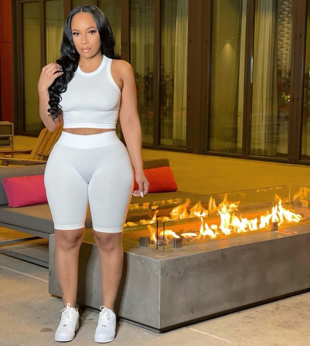 women's 2 sets clothing spring summer ladies solid color casual pit strip sports biker shorts tank top women slim two piece set