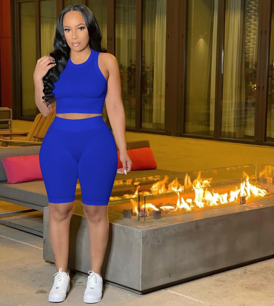 women's 2 sets clothing spring summer ladies solid color casual pit strip sports biker shorts tank top women slim two piece set