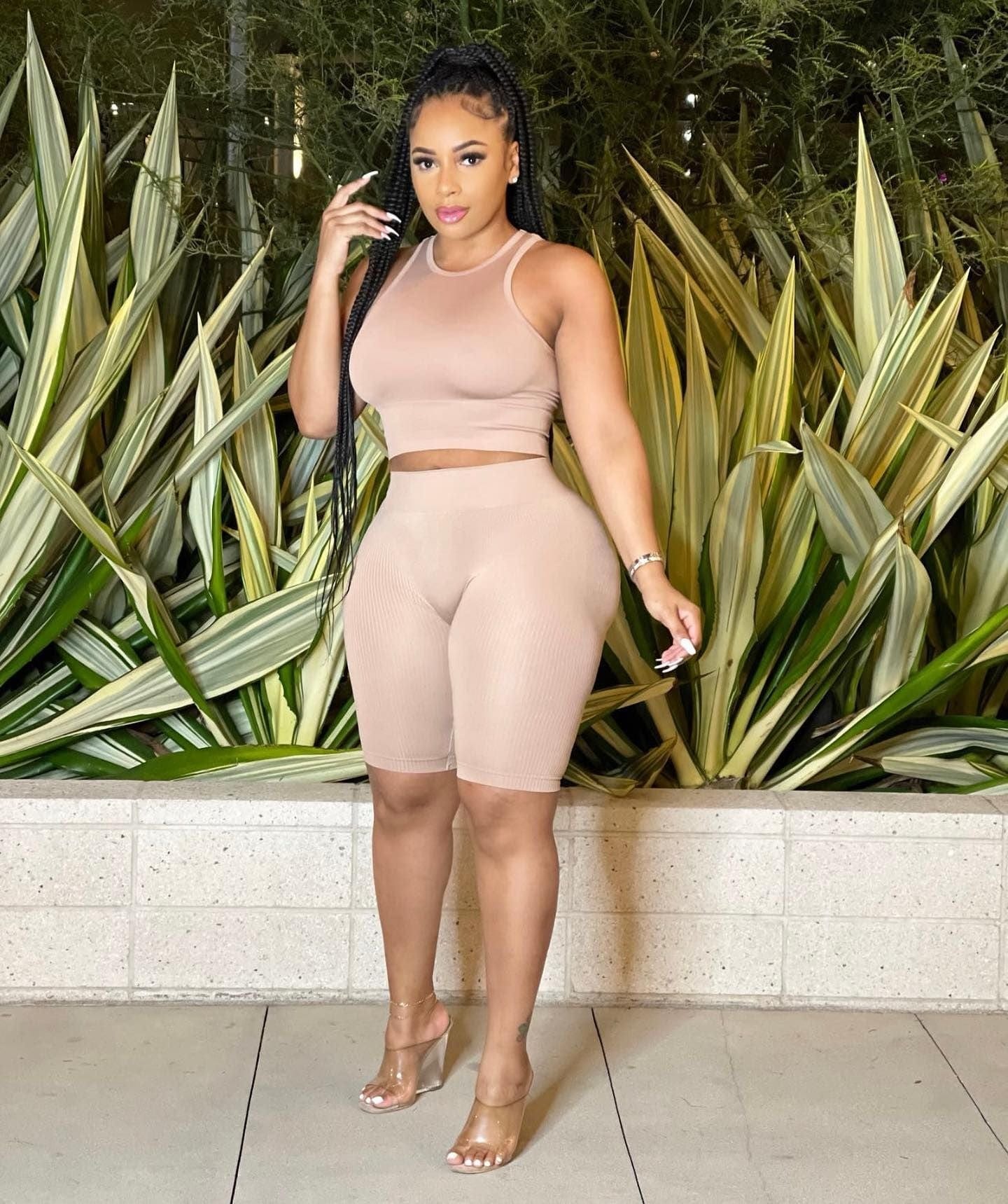 women's 2 sets clothing spring summer ladies solid color casual pit strip sports biker shorts tank top women slim two piece set