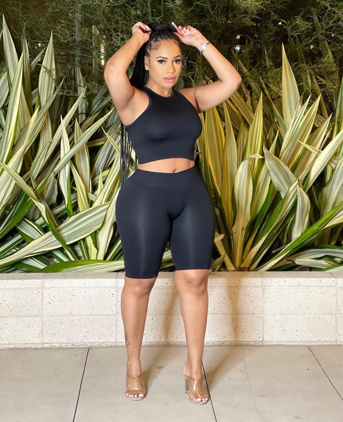 women's 2 sets clothing spring summer ladies solid color casual pit strip sports biker shorts tank top women slim two piece set