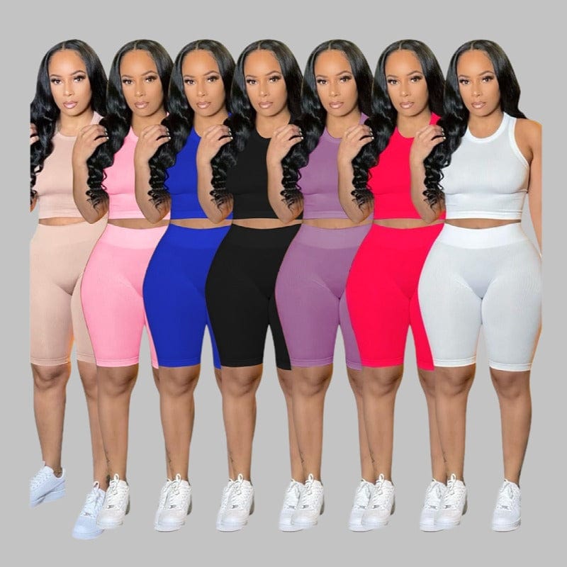 women's 2 sets clothing spring summer ladies solid color casual pit strip sports biker shorts tank top women slim two piece set