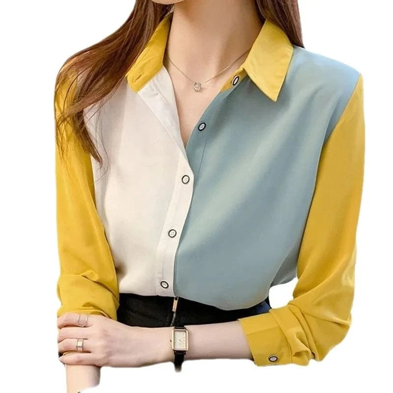 Women's Autumn Korean Collision Lapel Lining Shirt Sleeve Tops Tops