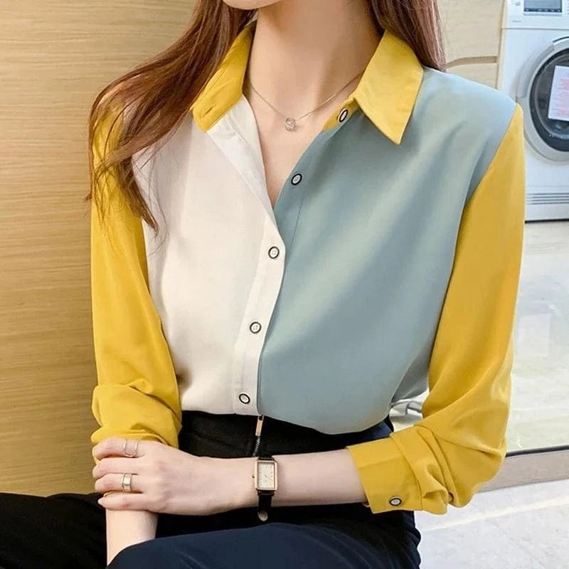 Women's Autumn Korean Collision Lapel Lining Shirt Sleeve Tops Tops