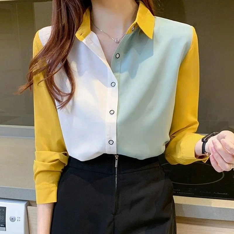 Women's Autumn Korean Collision Lapel Lining Shirt Sleeve Tops Tops