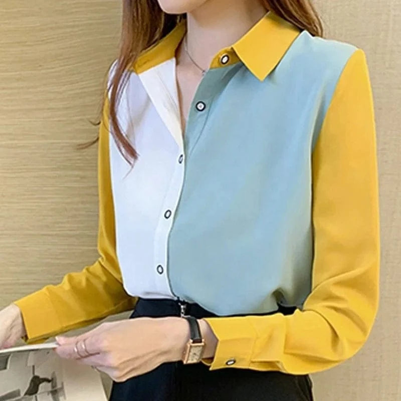 Women's Autumn Korean Collision Lapel Lining Shirt Sleeve Tops Tops