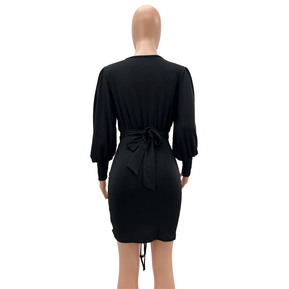 Women's Autumn Winter New Dresses Fashion Solid Long Sleeve V Neck Slim Package Hip Drawstring Mini Dress
