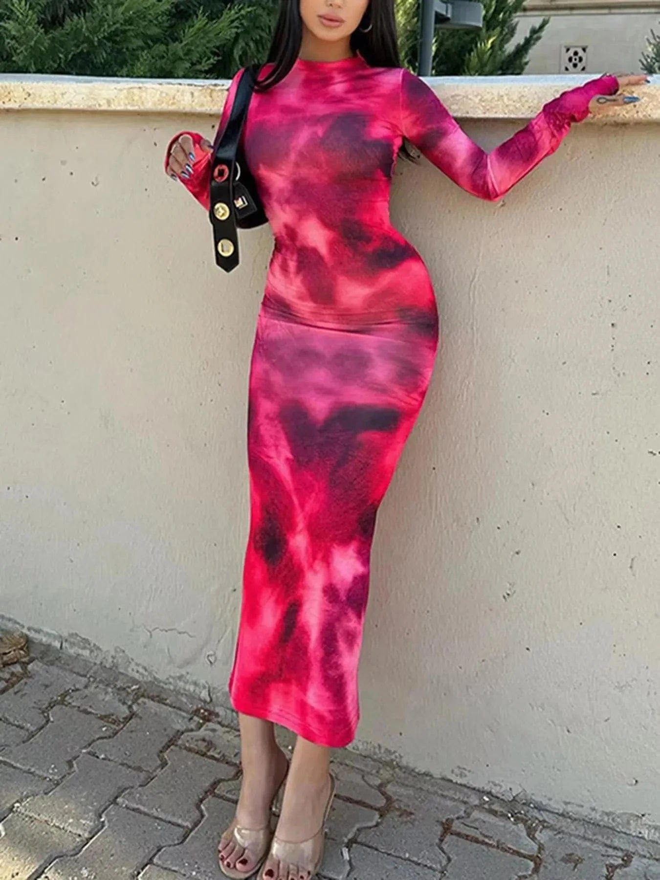Women's Autumn Winter New Tie-dye Long Sleeve Round Neck High Waist Dress Printed Long Slim Spice Girl Dress Woman
