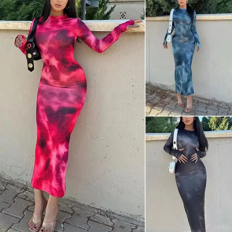 Women's Autumn Winter New Tie-dye Long Sleeve Round Neck High Waist Dress Printed Long Slim Spice Girl Dress Woman