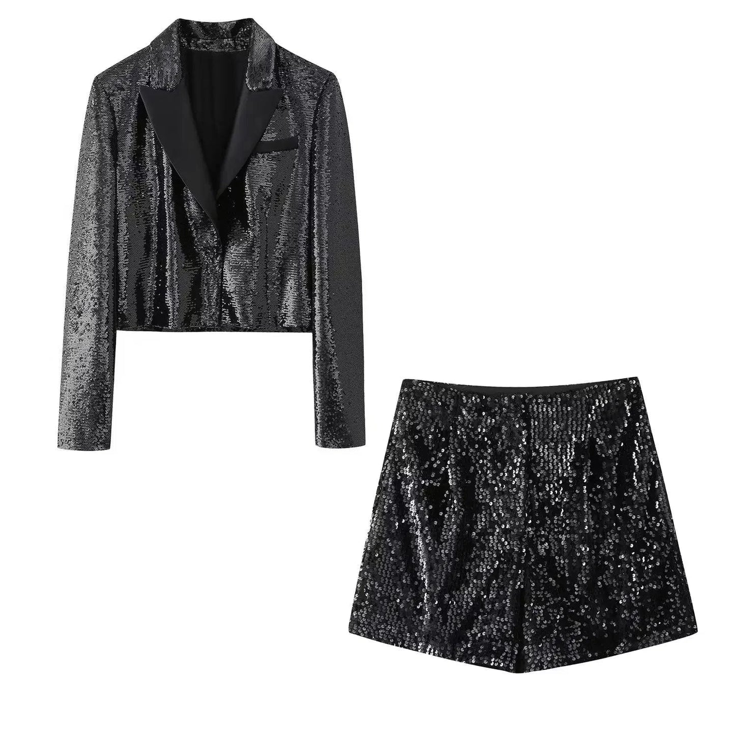 Women's beaded dress style suit jacket+sequined high waisted casual shorts set
