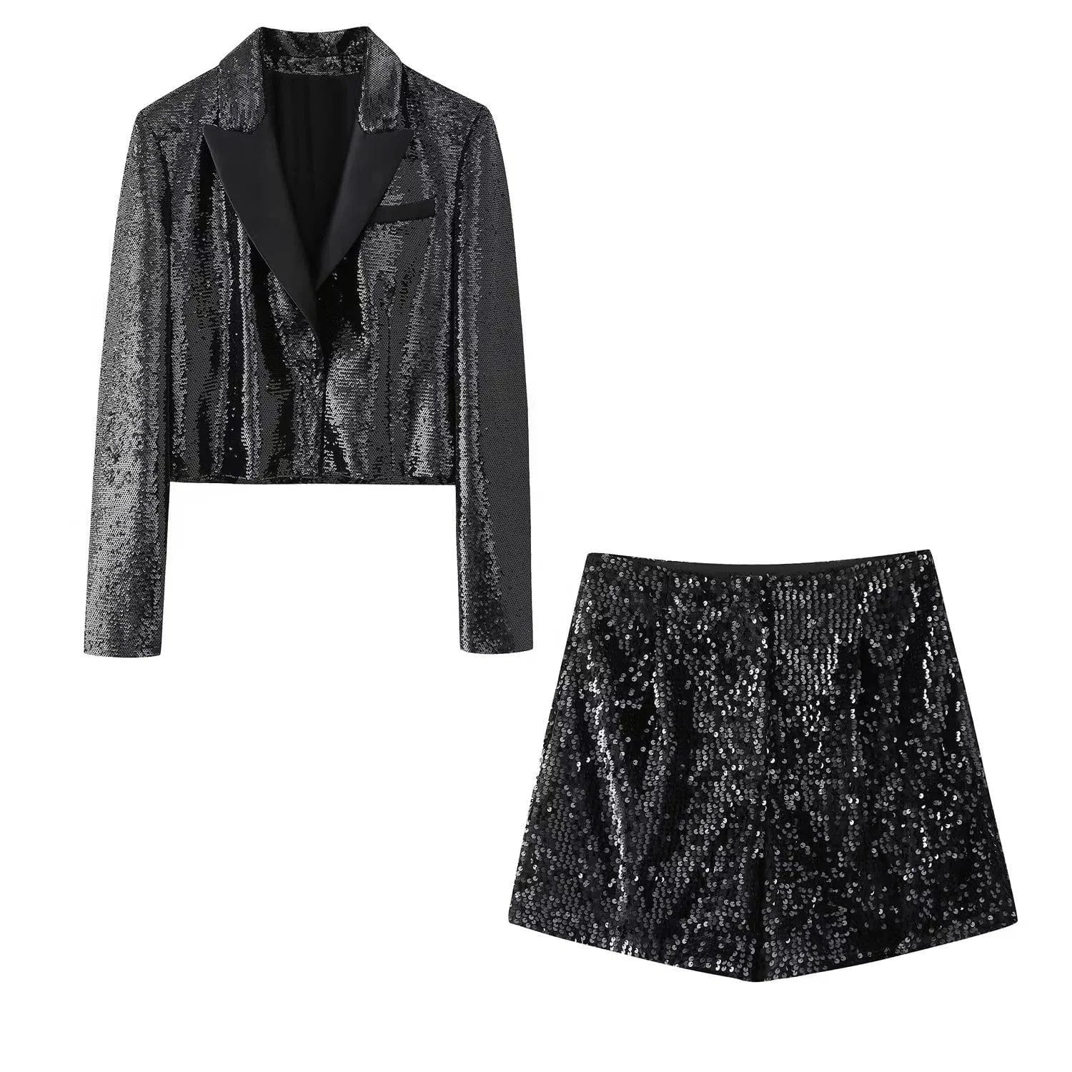 Women's beaded dress style suit jacket+sequined high waisted casual shorts set