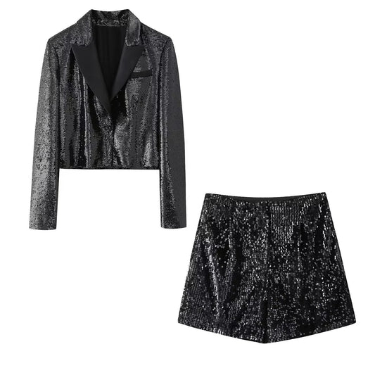 Women's beaded dress style suit jacket+sequined high waisted casual shorts set