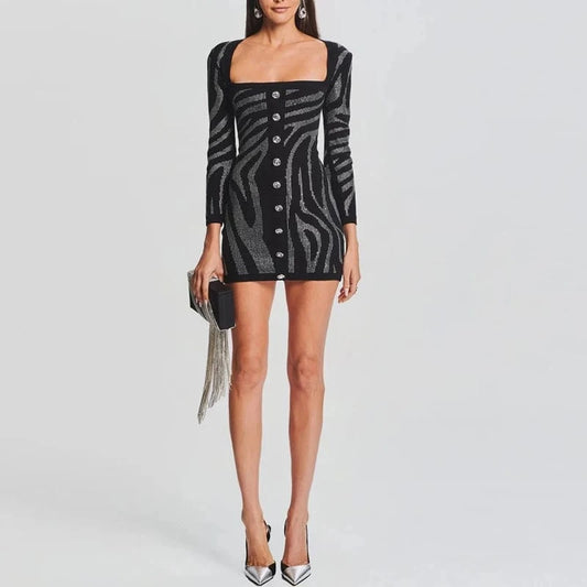 Women's Black Bodycon Long Sleeve Mini Dress Beading Diamond Bandage Evening Dresses