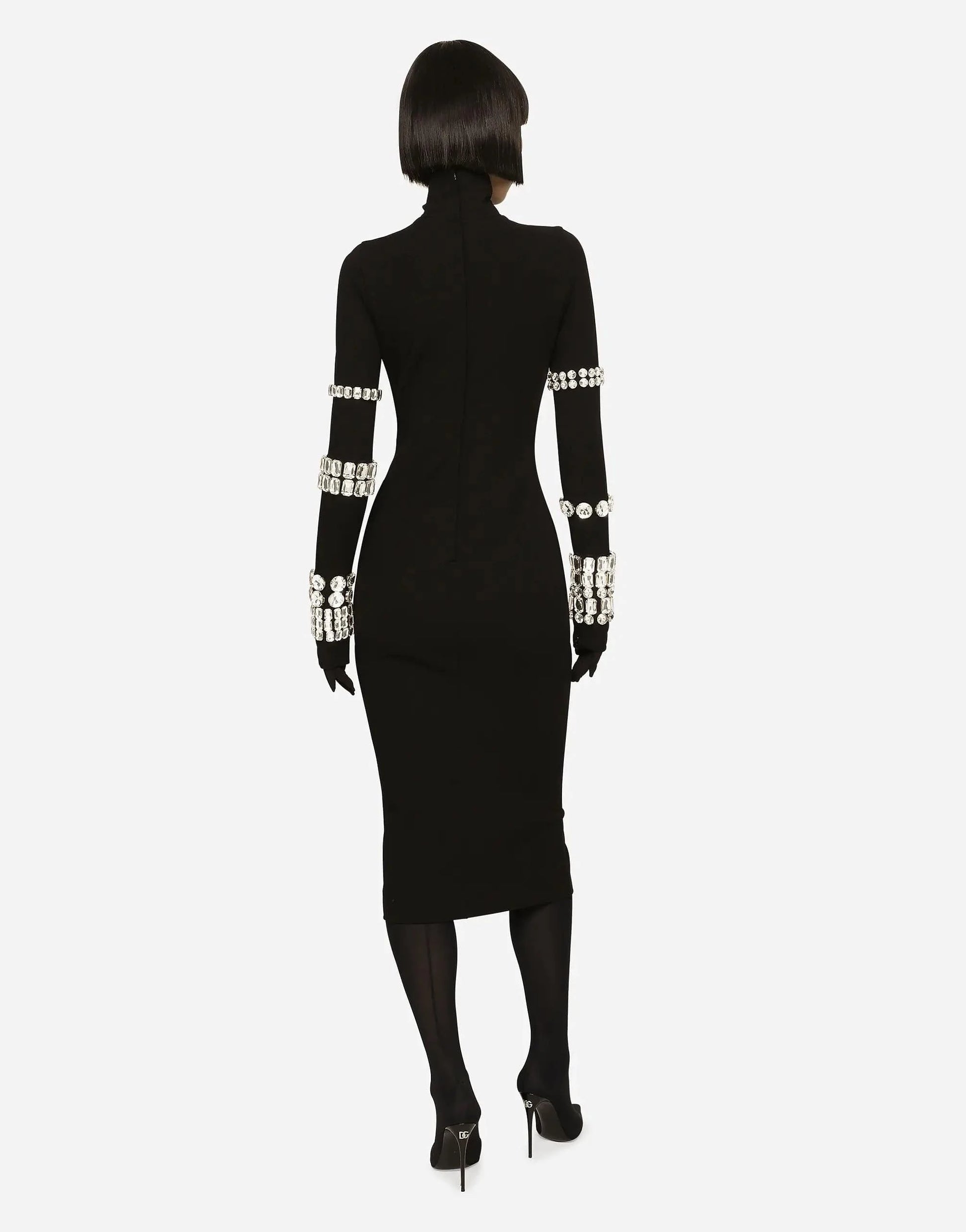 Women's Black High Neck Bodycon Long Sleeve Midi Dress Diamond Bandage Evening Dresses