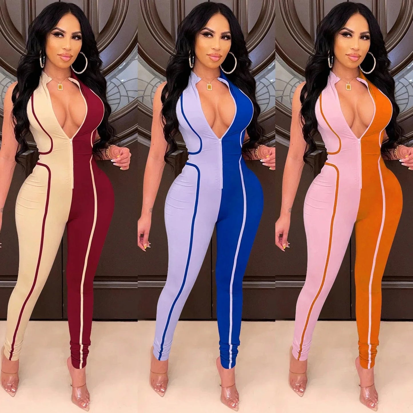 Women's boutique women's autumn hot styles hit color fashion jumpsuit women sleeveless zipper jumpsuit