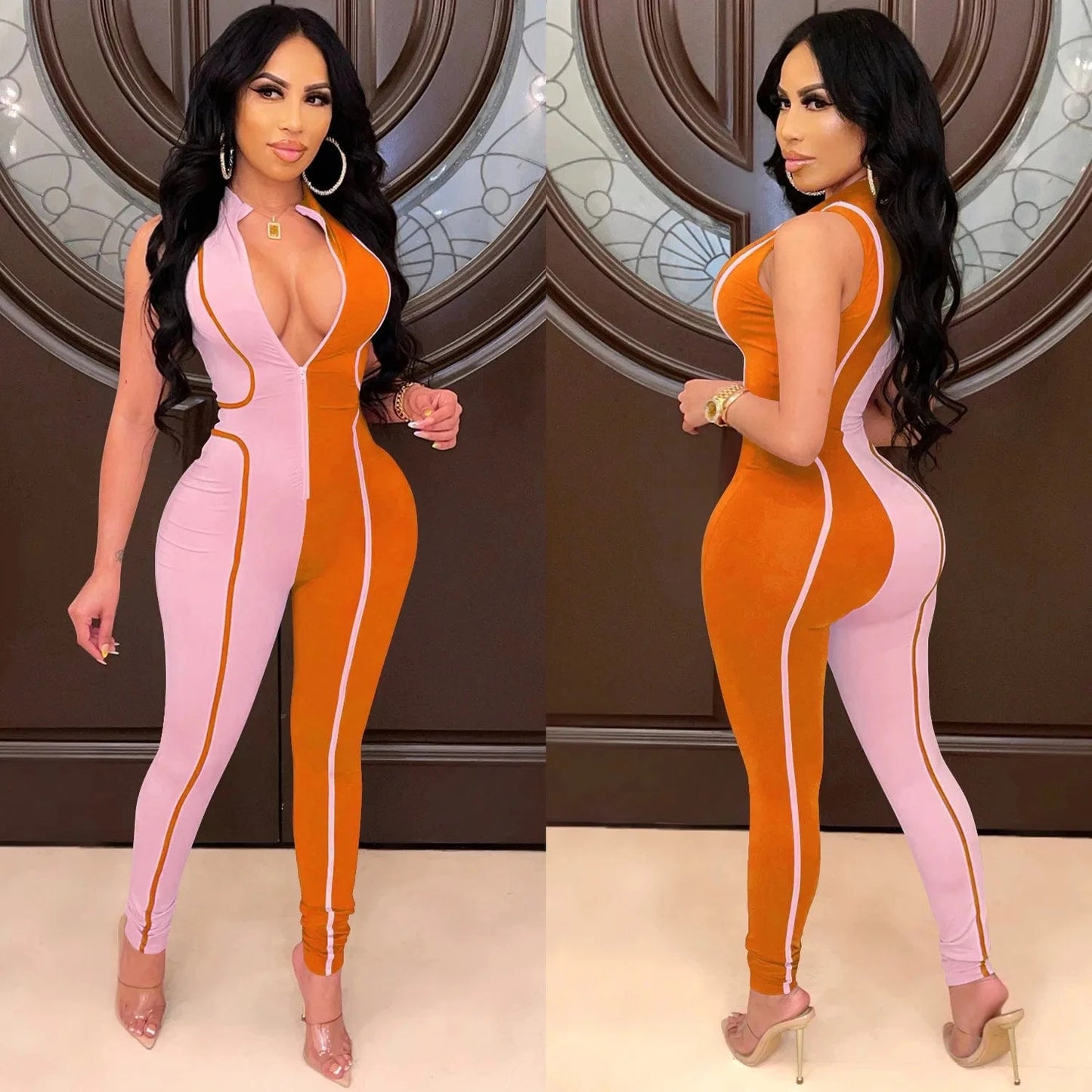 Women's boutique women's autumn hot styles hit color fashion jumpsuit women sleeveless zipper jumpsuit