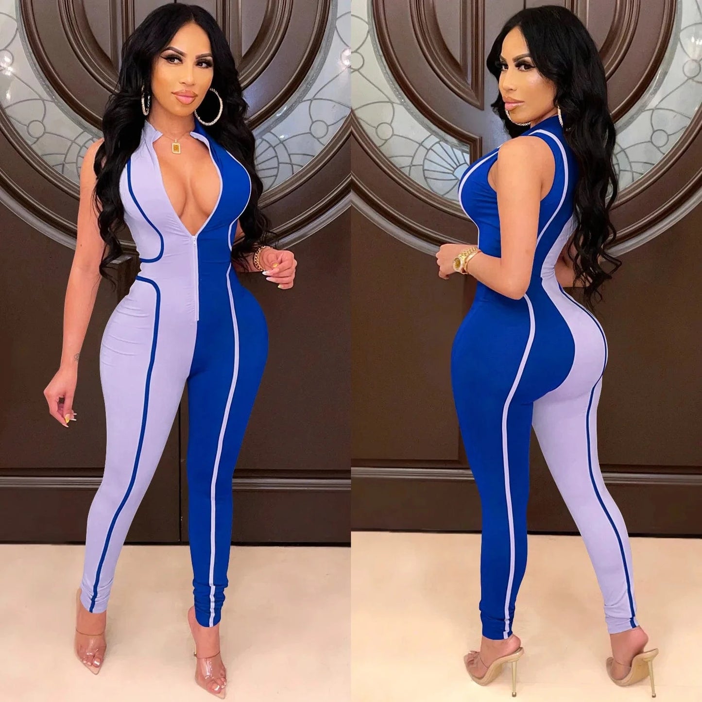Women's boutique women's autumn hot styles hit color fashion jumpsuit women sleeveless zipper jumpsuit