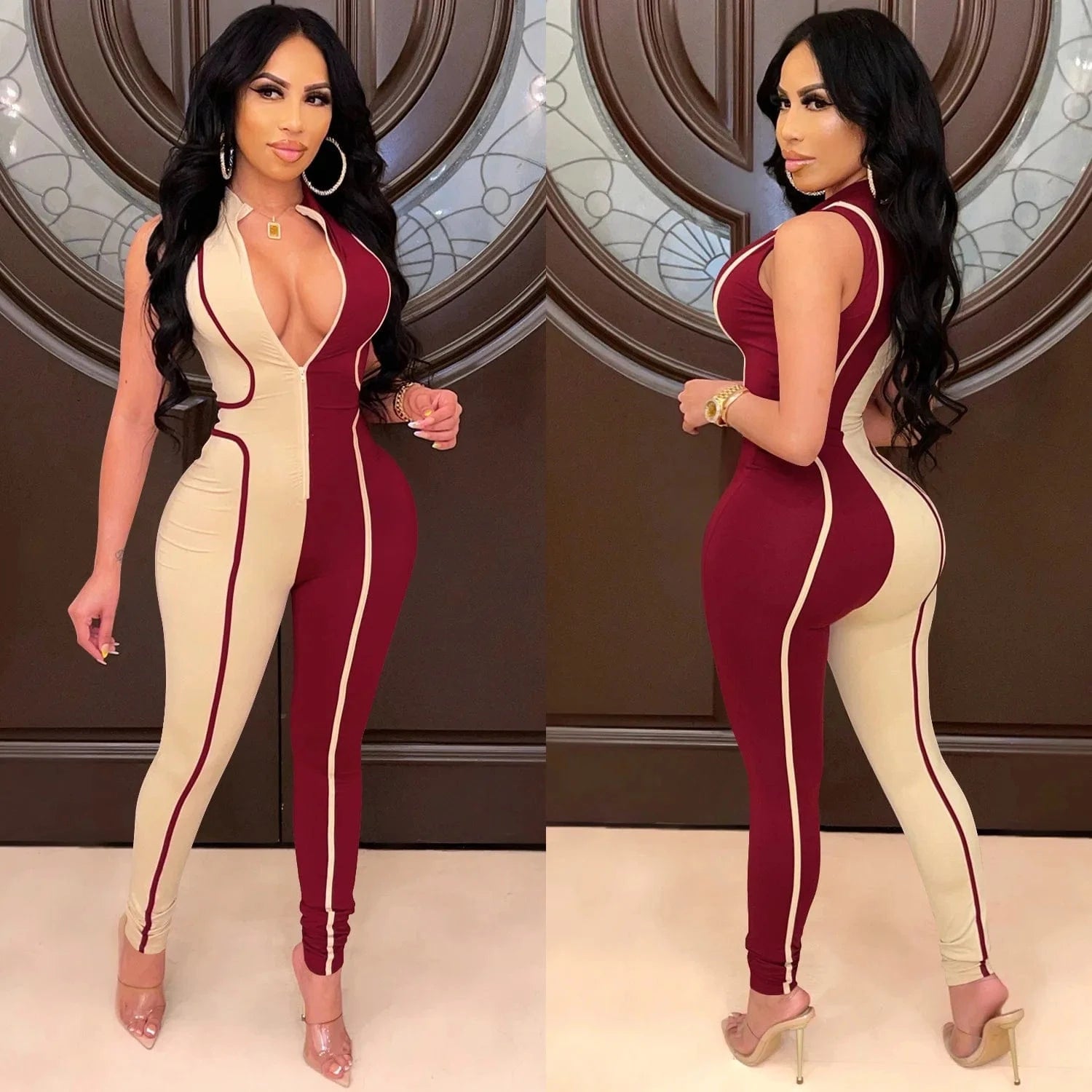 Women's boutique women's autumn hot styles hit color fashion jumpsuit women sleeveless zipper jumpsuit