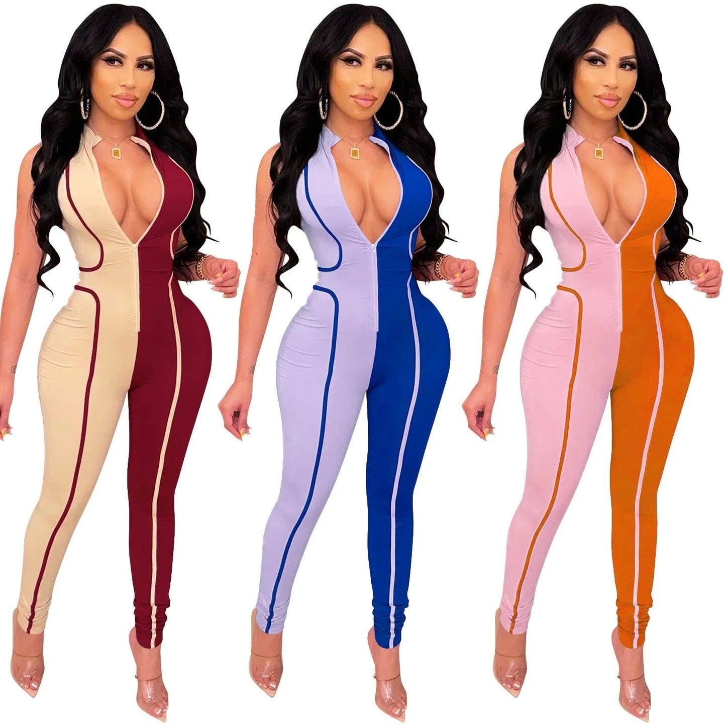 Women's boutique women's autumn hot styles hit color fashion jumpsuit women sleeveless zipper jumpsuit