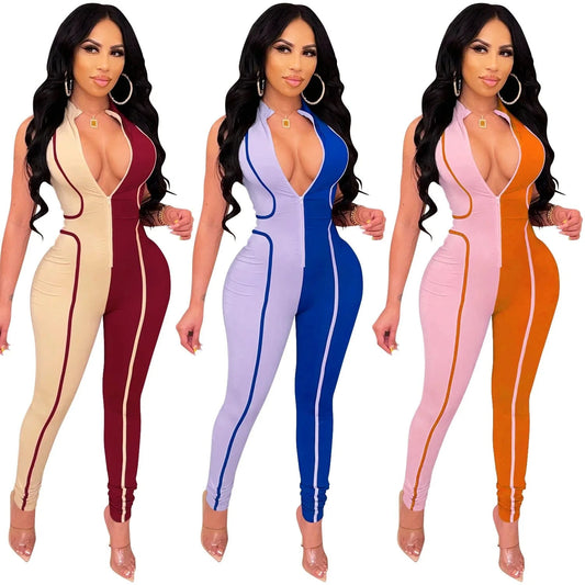Women's boutique women's autumn hot styles hit color fashion jumpsuit women sleeveless zipper jumpsuit