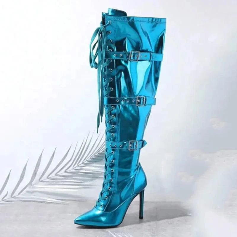 Women's Buckles Pointy Toe Knee-high Booties High Heels Lace Up Booties Bright Metallic Upper Dress Stiletto Shoes