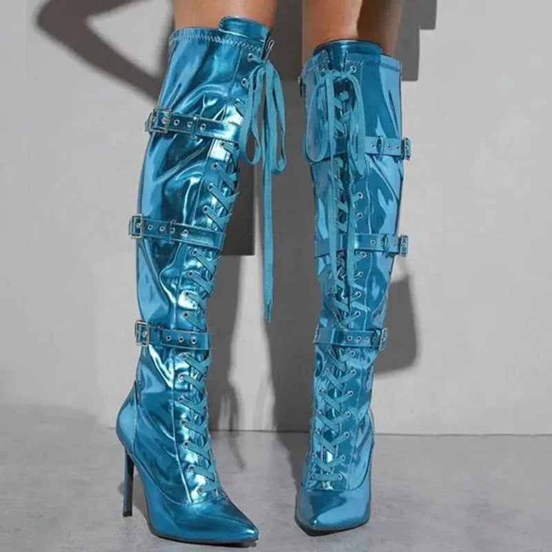 Women's Buckles Pointy Toe Knee-high Booties High Heels Lace Up Booties Bright Metallic Upper Dress Stiletto Shoes