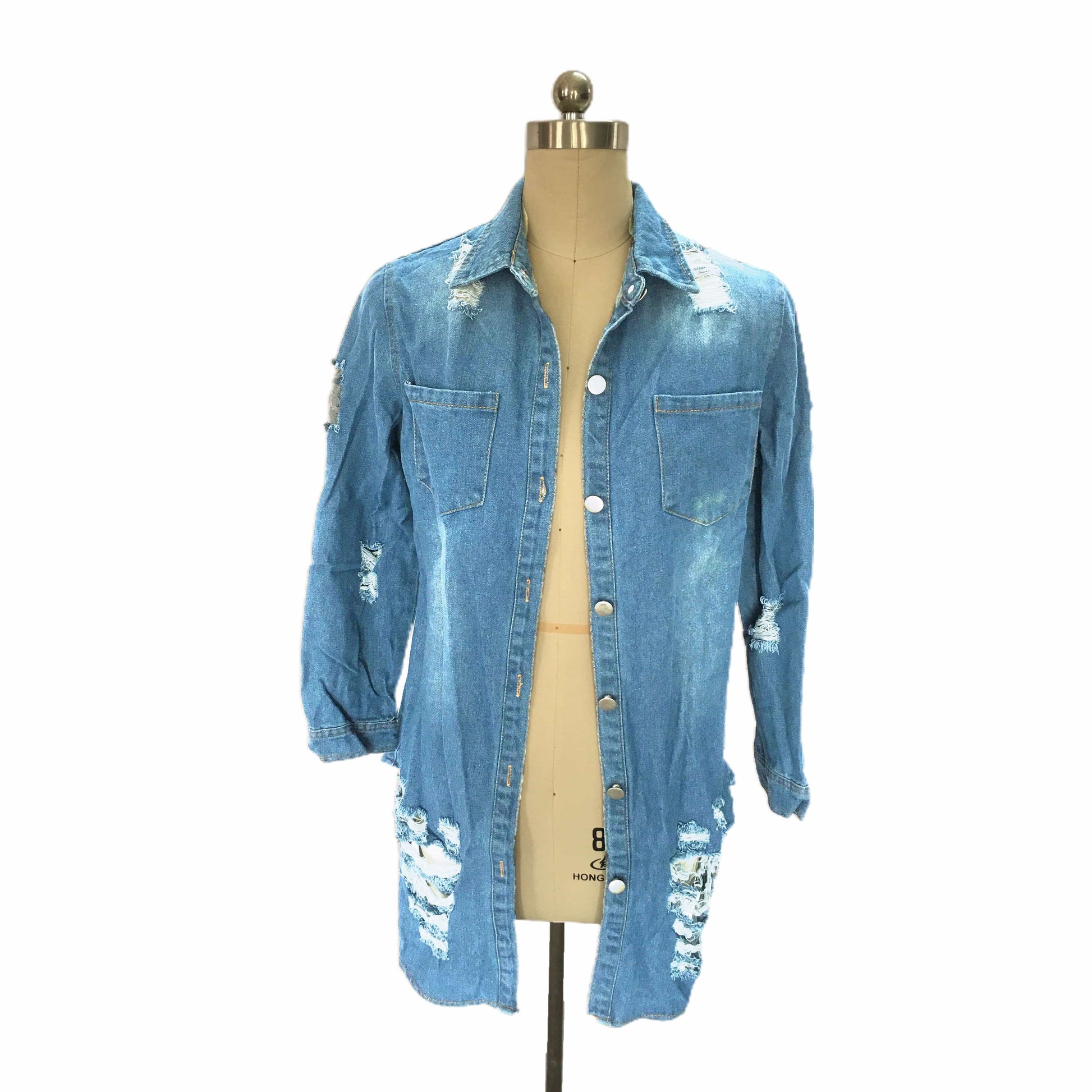 Women's Casual Distressed Ripped Single-breasted Long Denim Jacket