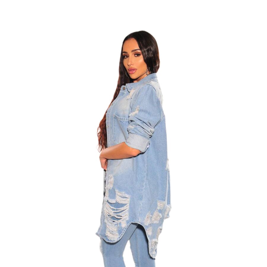 Women's Casual Distressed Ripped Single-breasted Long Denim Jacket