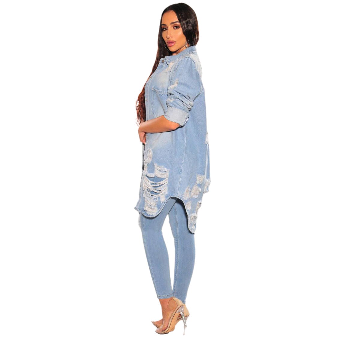 Women's Casual Distressed Ripped Single-breasted Long Denim Jacket
